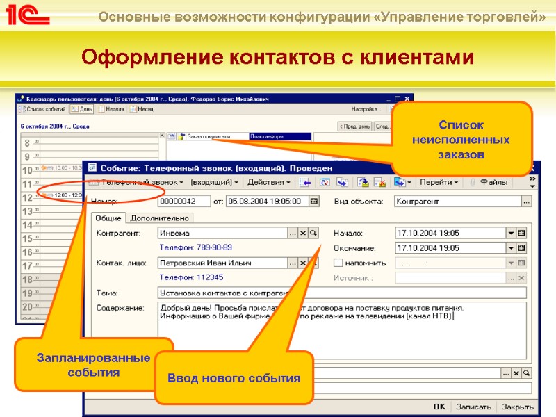 Оформление контактов с клиентами Список неисполненных заказов Запланированные  события Ввод нового события